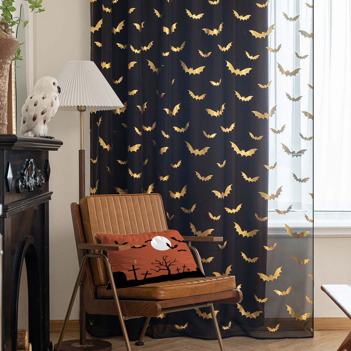 Transparent Polyester Curtains with Bat Pattern – Lightweight and Modern for Bedroom and Living Room
