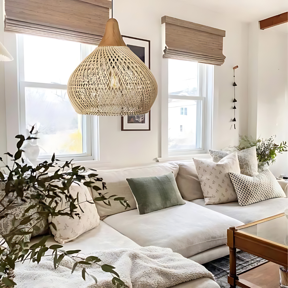 Handcrafted Rattan Pendant Light – Boho Ceiling Lamp with Adjustable Cord for Dining Room and Living Spaces