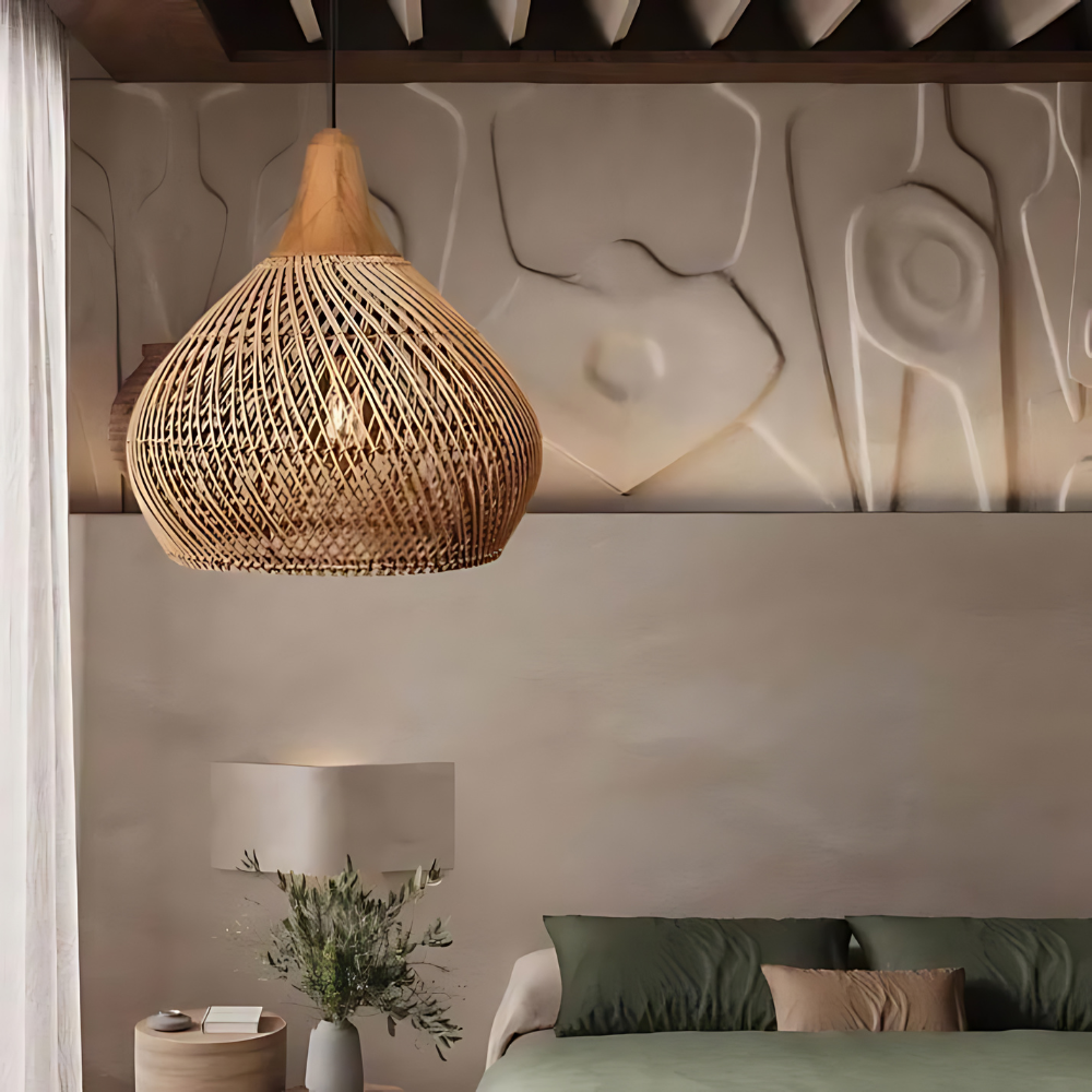 Handcrafted Rattan Pendant Light – Boho Ceiling Lamp with Adjustable Cord for Dining Room and Living Spaces