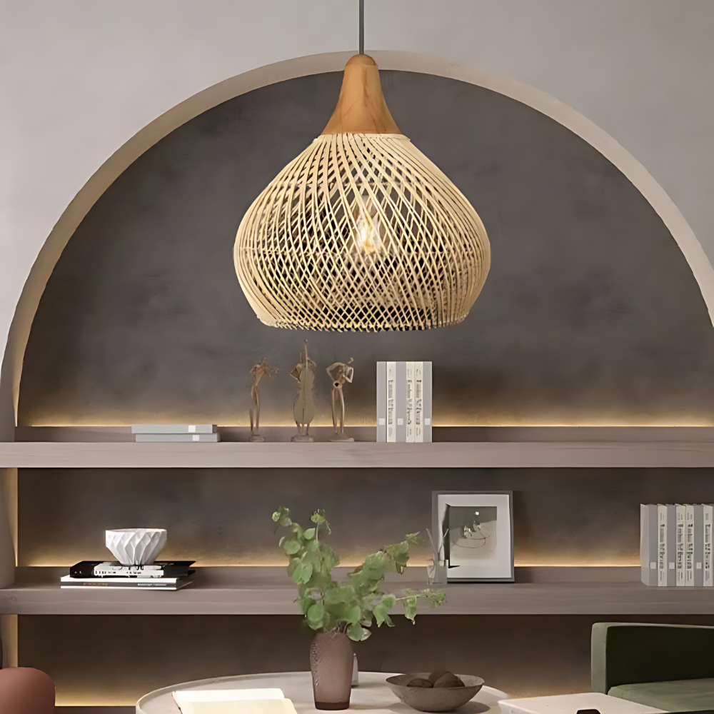 Handcrafted Rattan Pendant Light – Boho Ceiling Lamp with Adjustable Cord for Dining Room and Living Spaces