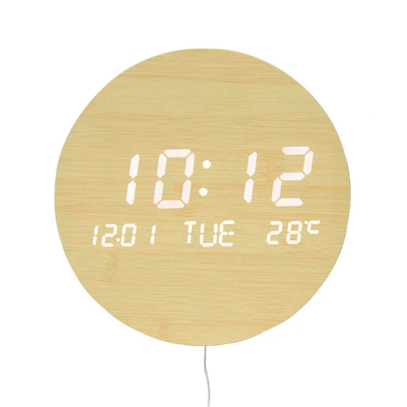Wooden Desk Clock with Alarm and LED Display – Solid Wood, Time, Date and Temperature Display, Silent Design
