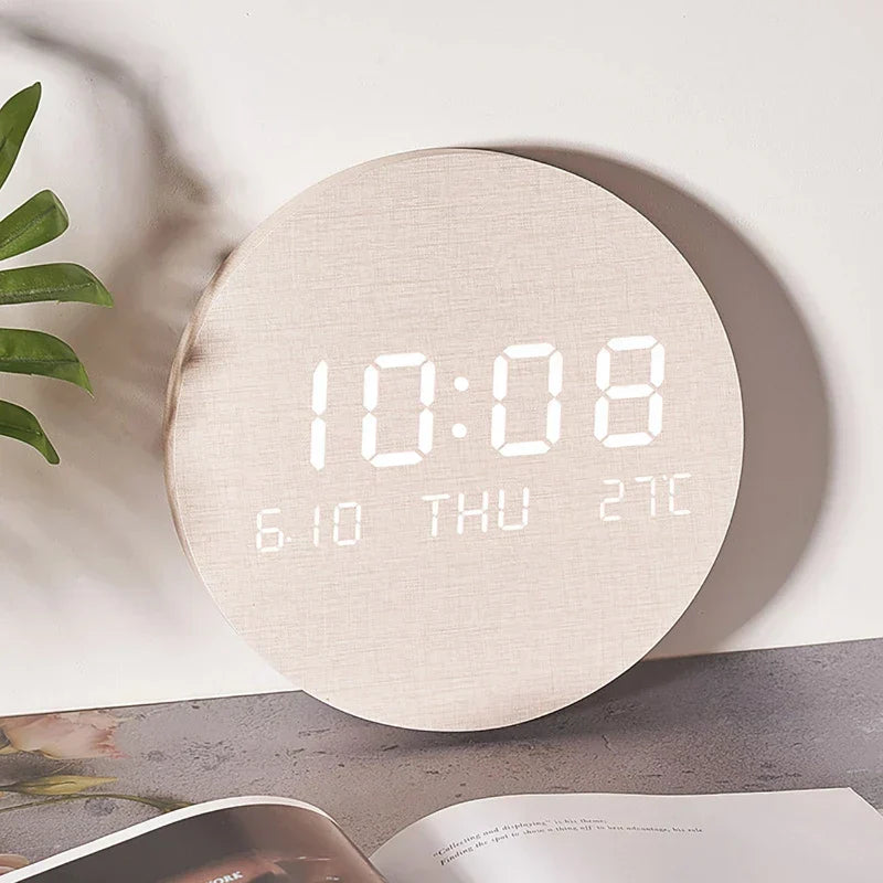 Wooden Desk Clock with Alarm and LED Display – Solid Wood, Time, Date and Temperature Display, Silent Design