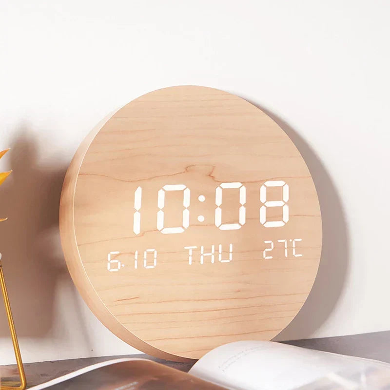 Wooden Desk Clock with Alarm and LED Display – Solid Wood, Time, Date and Temperature Display, Silent Design