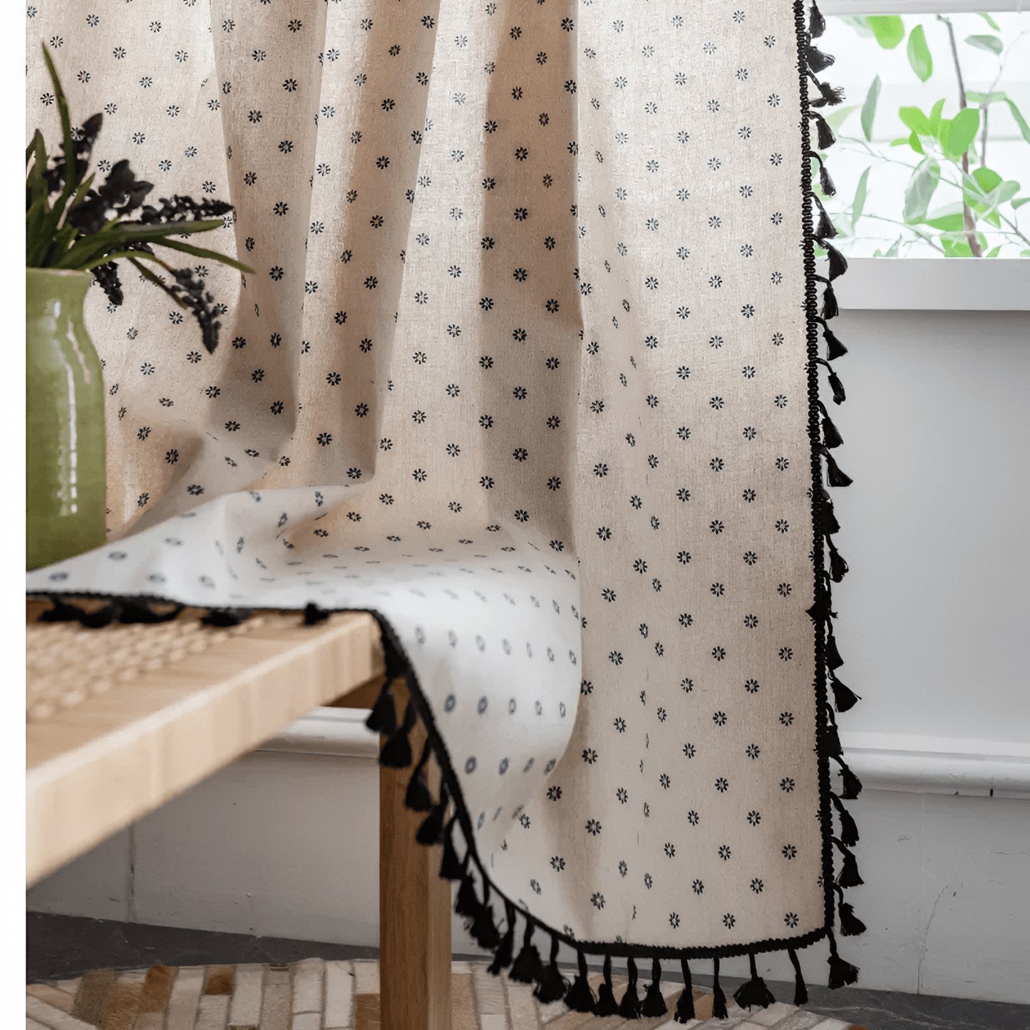 Minimalist Boho Curtains Made from Linen-Polyester with Hand-Stitched Details – Light Filtering and Machine Washable