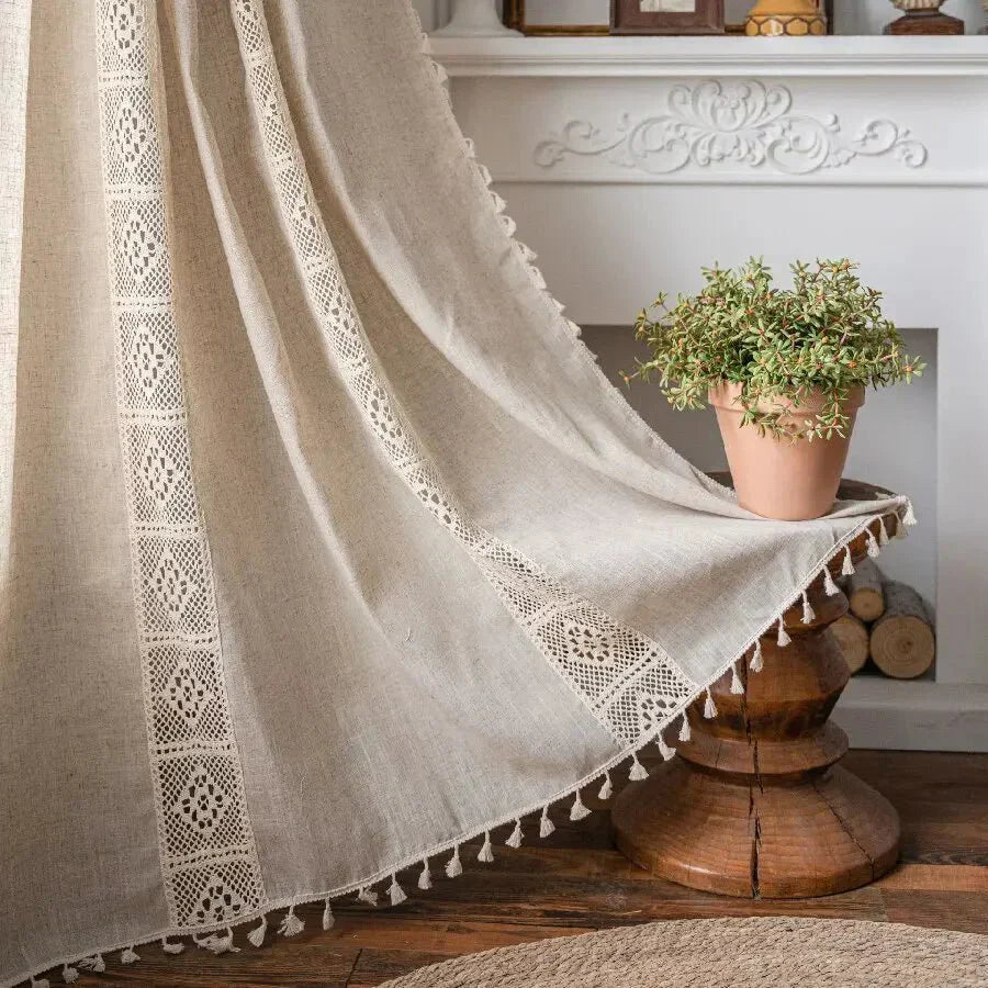 Minimalist Boho Curtains Made from Linen-Polyester with Hand-Stitched Details – Light Filtering and Machine Washable
