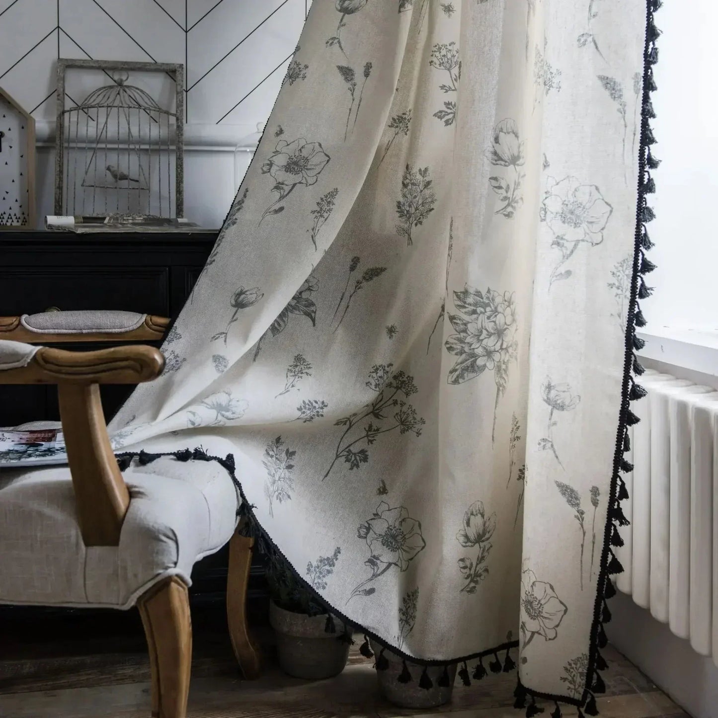 Minimalist Boho Curtains Made from Linen-Polyester with Hand-Stitched Details – Light Filtering and Machine Washable