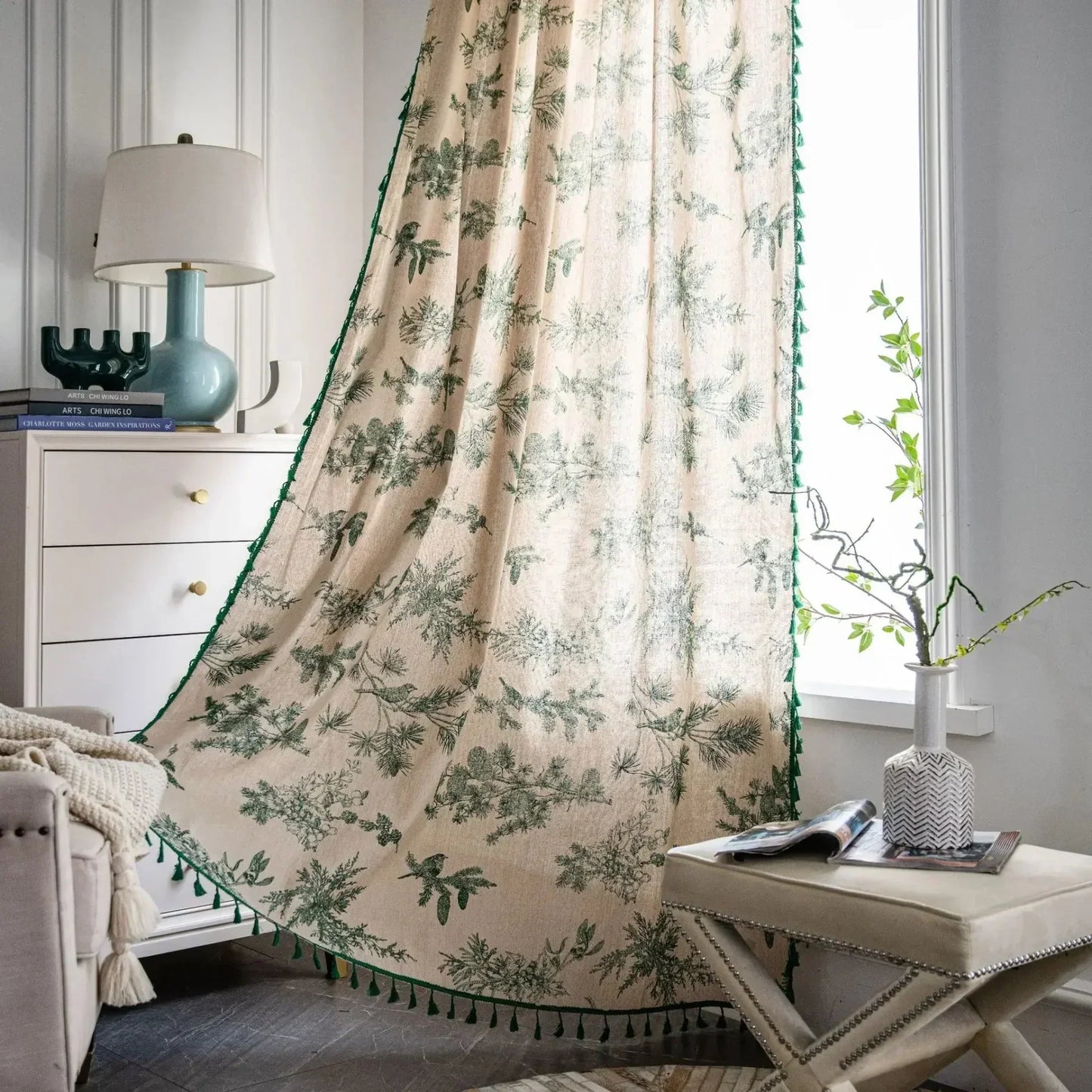 Minimalist Boho Curtains Made from Linen-Polyester with Hand-Stitched Details – Light Filtering and Machine Washable