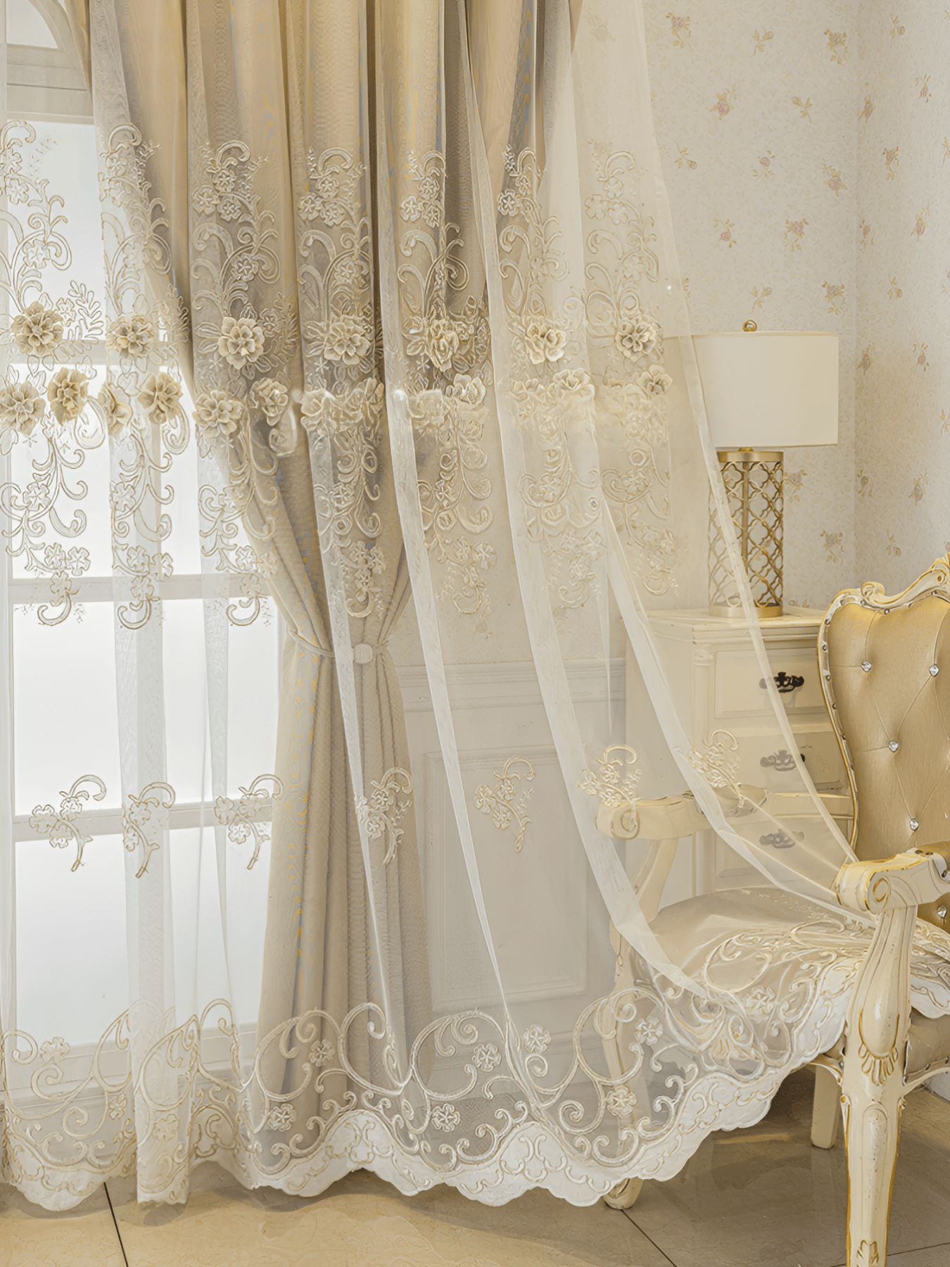 Luxury Blackout Curtains with 3D Floral Embroidery – Cream Velvet Window Decoration for Optimal Light Blocking