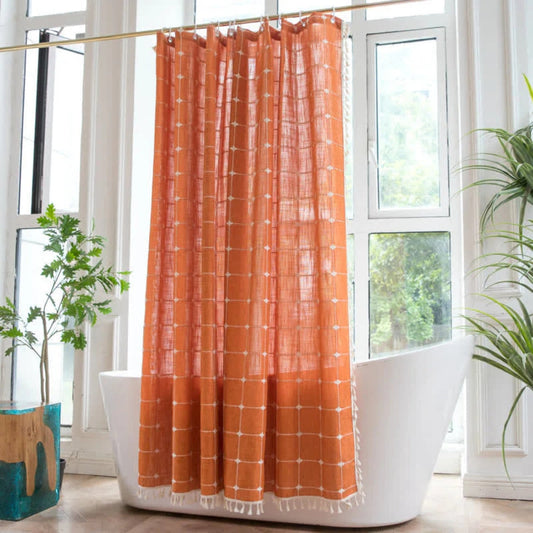Cotton Linen Shower Curtain with Check Print and Fringes – Waterproof and Machine Washable for Bathroom Decor