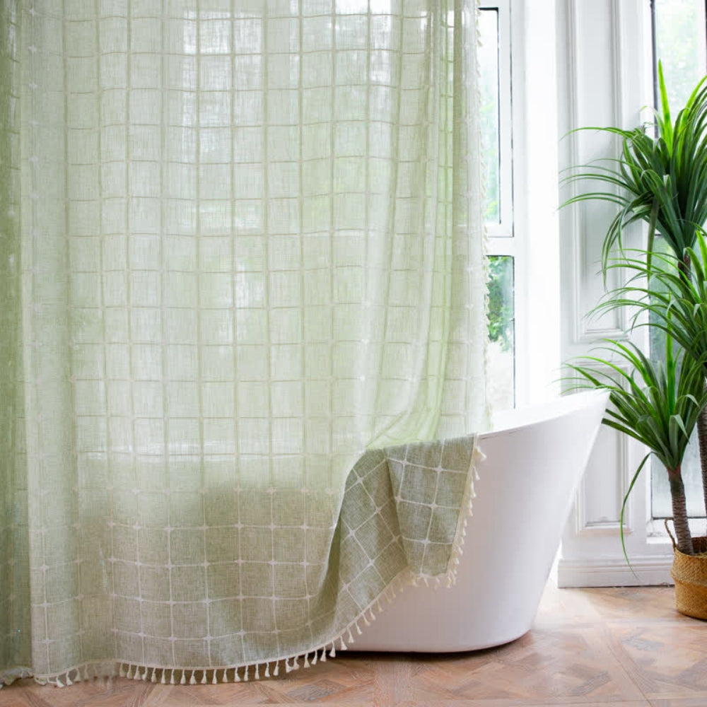 Cotton Linen Shower Curtain with Check Print and Fringes – Waterproof and Machine Washable for Bathroom Decor