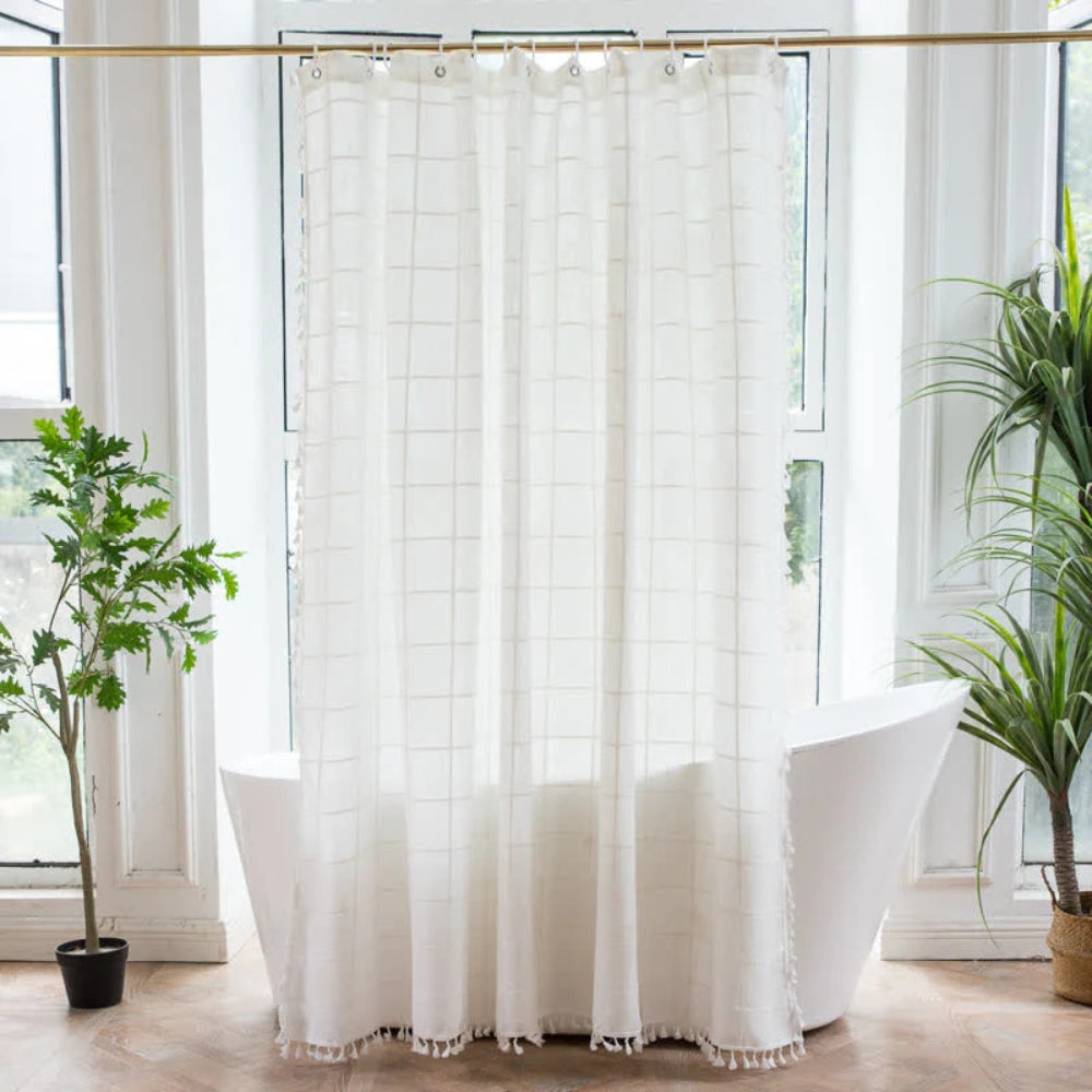 Cotton Linen Shower Curtain with Check Print and Fringes – Waterproof and Machine Washable for Bathroom Decor