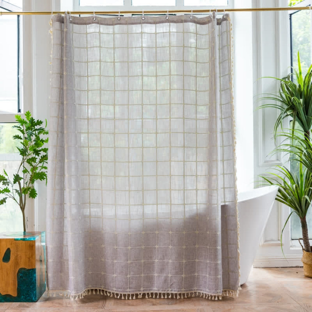 Cotton Linen Shower Curtain with Check Print and Fringes – Waterproof and Machine Washable for Bathroom Decor