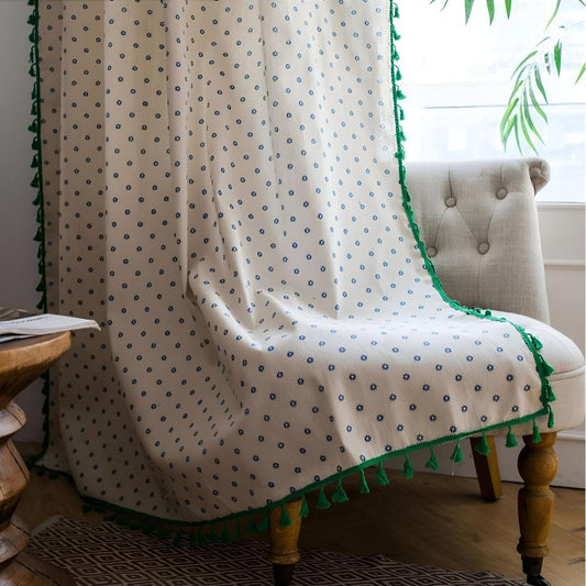 Cottage Curtain with Petals and Fringes – Cotton-Linen Blend, Semi-Sheer Window Decoration for Living Rooms and Bedrooms