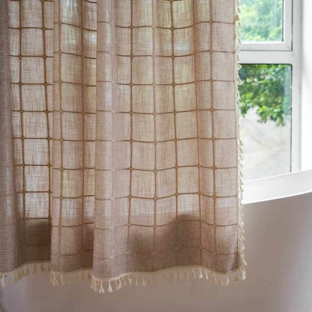 Cotton Linen Shower Curtain with Check Print and Fringes – Waterproof and Machine Washable for Bathroom Decor