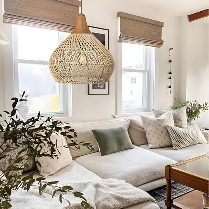 Handcrafted Rattan Pendant Light – Boho Ceiling Lamp with Adjustable Cord for Dining Room and Living Spaces