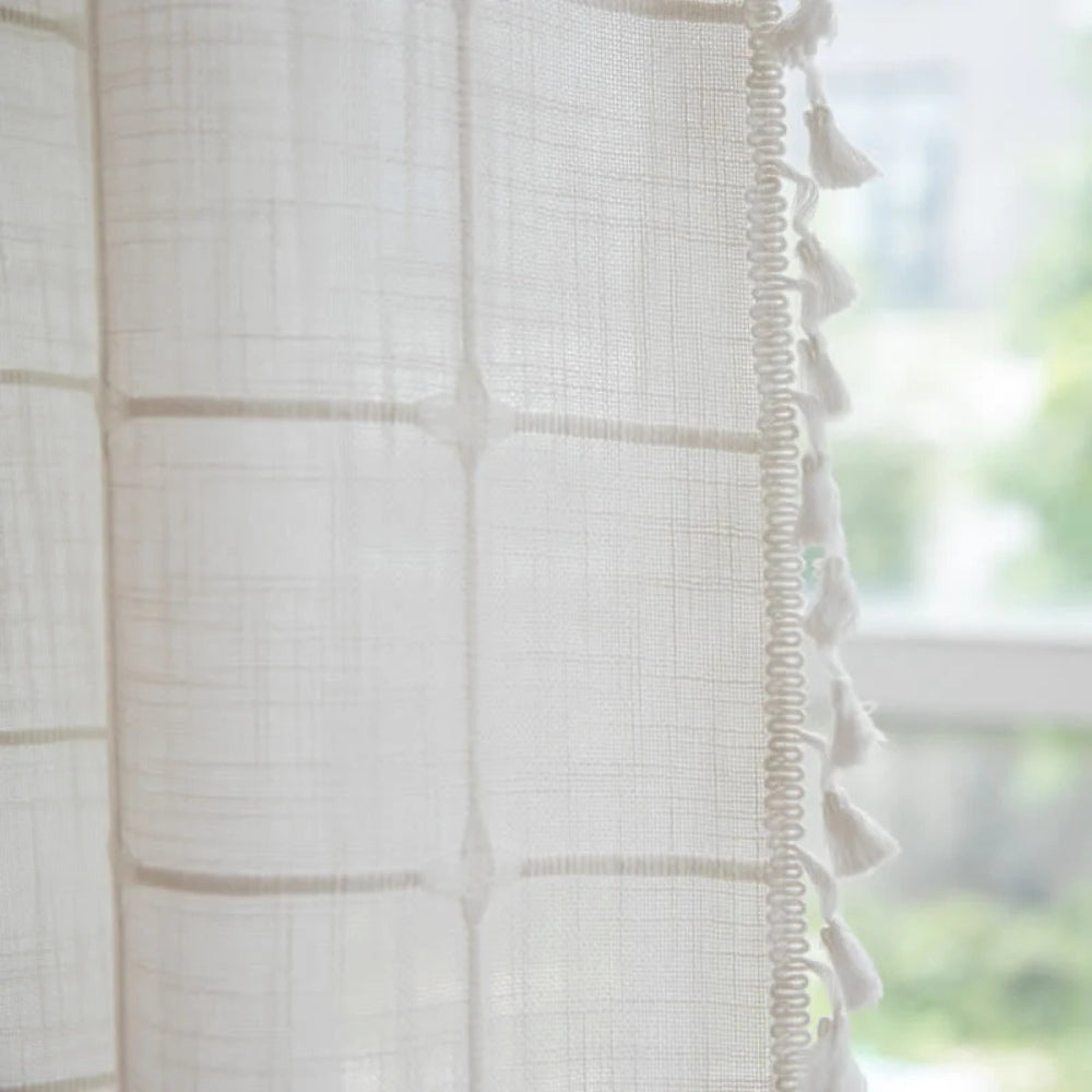 Cotton Linen Shower Curtain with Check Print and Fringes – Waterproof and Machine Washable for Bathroom Decor