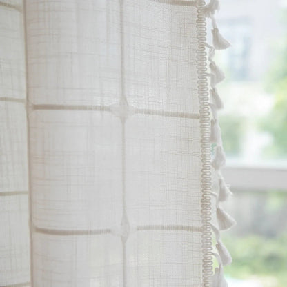Cotton Linen Shower Curtain with Check Print and Fringes – Waterproof and Machine Washable for Bathroom Decor
