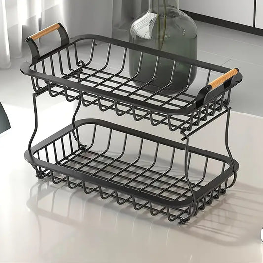 2-Tier Fruit Organiser Made of Sustainable Metal with Wooden Handles – Modern Minimalist Design for Kitchen Storage