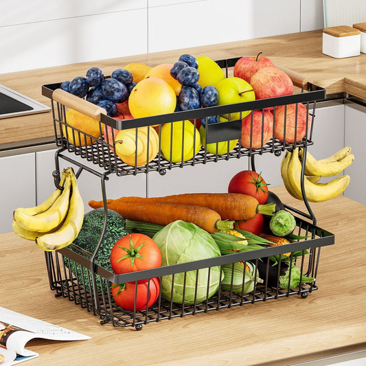 2-Tier Kitchen Organiser Made from Durable Metal with Wooden Handles – Kitchen Cabinet Organiser for Vegetables and Fruit