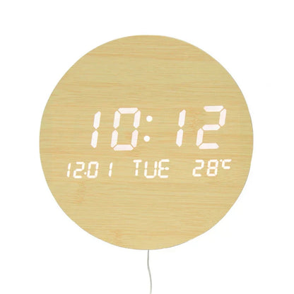 Wooden Desk Clock with Alarm and LED Display – Solid Wood, Time, Date and Temperature Display, Silent Design