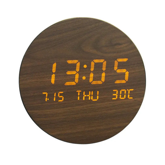 Wooden Desk Clock with Alarm and LED Display – Solid Wood, Time, Date and Temperature Display, Silent Design