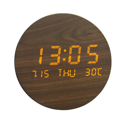 Wooden Desk Clock with Alarm and LED Display – Solid Wood, Time, Date and Temperature Display, Silent Design