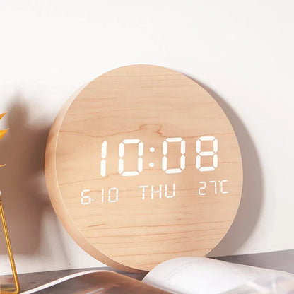 Wooden Desk Clock with Alarm and LED Display – Solid Wood, Time, Date and Temperature Display, Silent Design