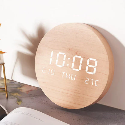 Wooden Desk Clock with Alarm and LED Display – Solid Wood, Time, Date and Temperature Display, Silent Design