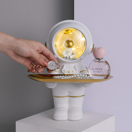 Astronaut Lamp with Storage Tray – Space-Saving Decoration in White and Grey for Living Room and Desk