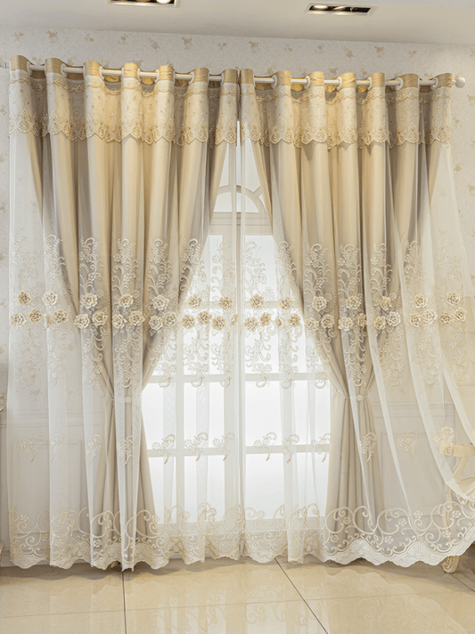 Luxury Blackout Curtains with 3D Floral Embroidery – Cream Velvet Window Decoration for Optimal Light Blocking