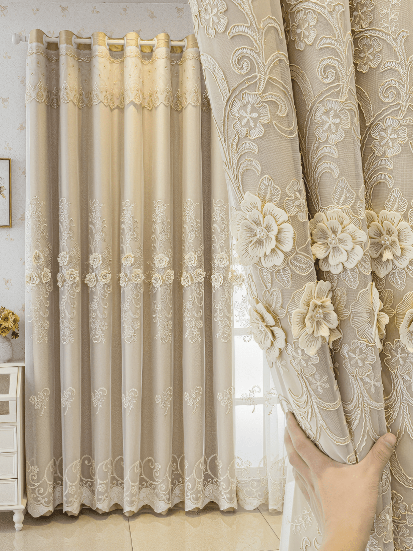 Luxury Blackout Curtains with 3D Floral Embroidery – Cream Velvet Window Decoration for Optimal Light Blocking