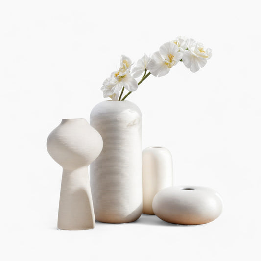 Handcrafted Ceramic Vase Blanche, Elegant White Decor with Ring Sculpture
