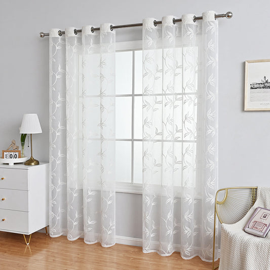 Polyester Curtain with Flower and Leaf Pattern in White and Grey - Light Filtering Window Decoration for Modern Interiors